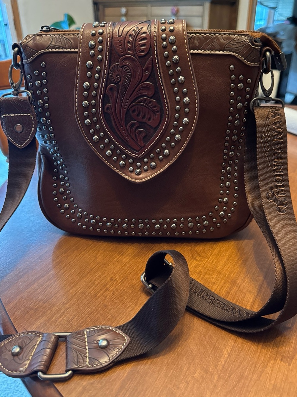 Montana West Brown Floral Tooled Studded Crossbody Bag Conceal Carry
